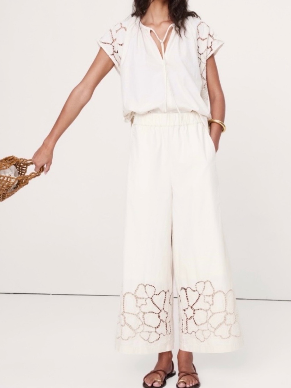 Banana Republic PETITE NWT Pull on Wide Leg Ankle Pant in Embroidered Poplin